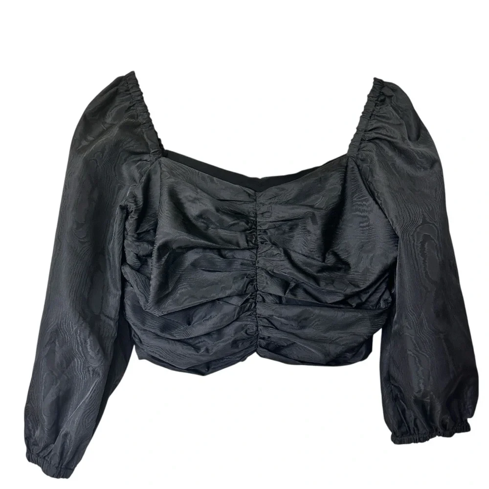 NWT J. Crew blouse 10 cropped Black Ruched puff sleeves